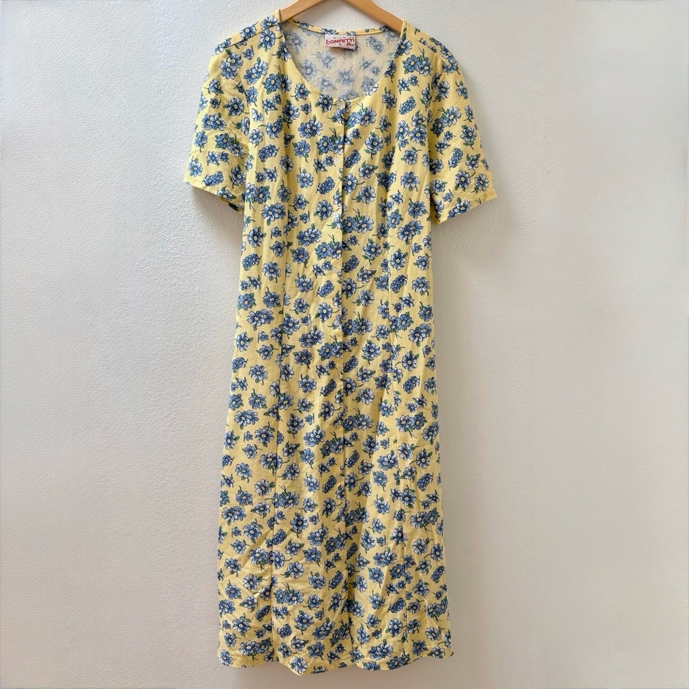 Vintage 90s Cottagecore Floral Yellow and Blue Dress